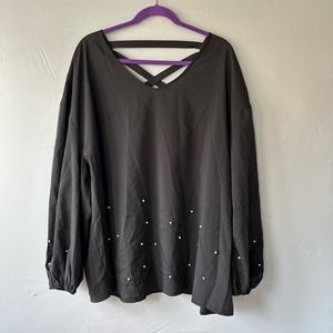 Black long sleeve top, with pearl beads, lantern sleeves, 3XL, SHEIN